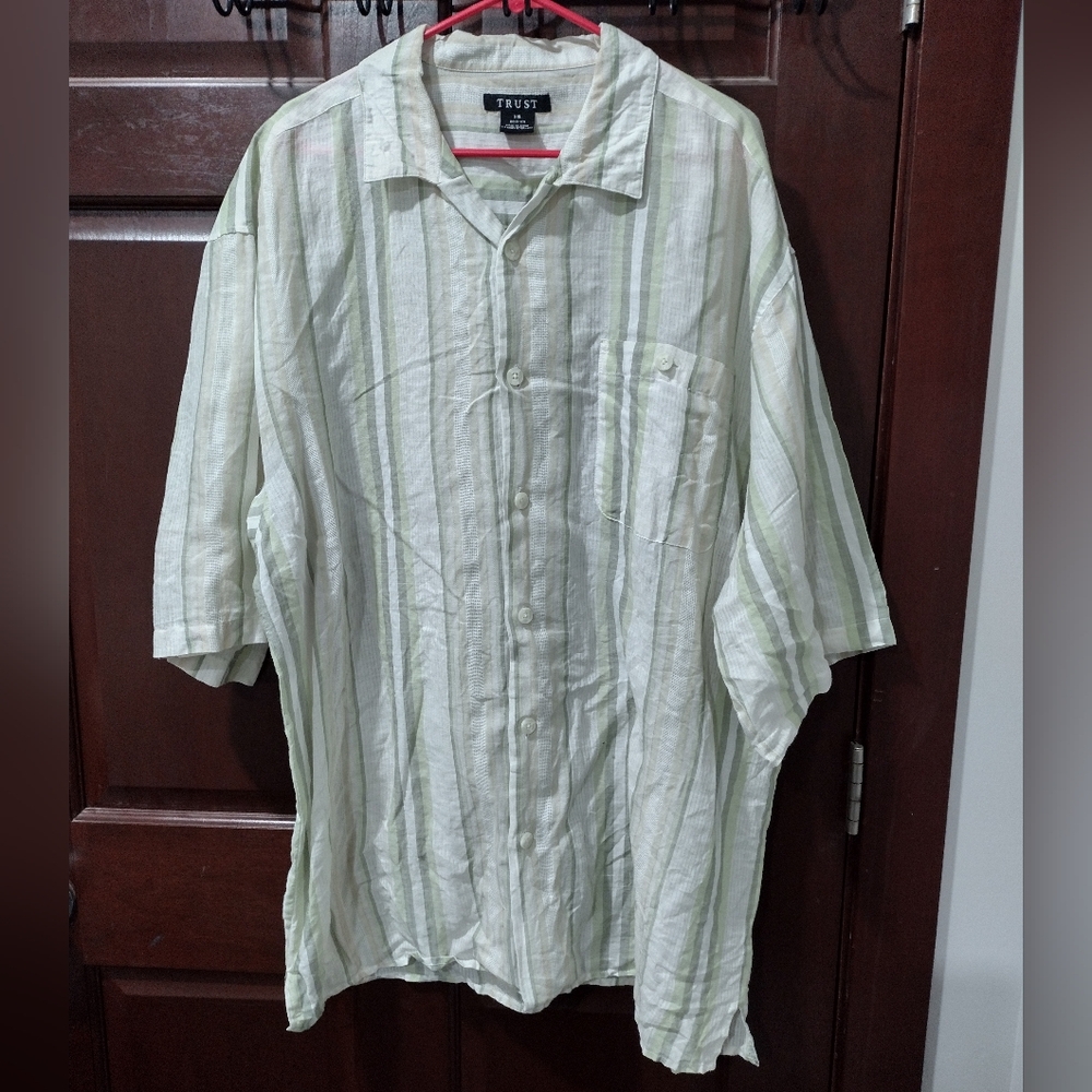 Trust 100% Linen Tan Green Striped Short Sleeve Button Up Shirt Size XXL